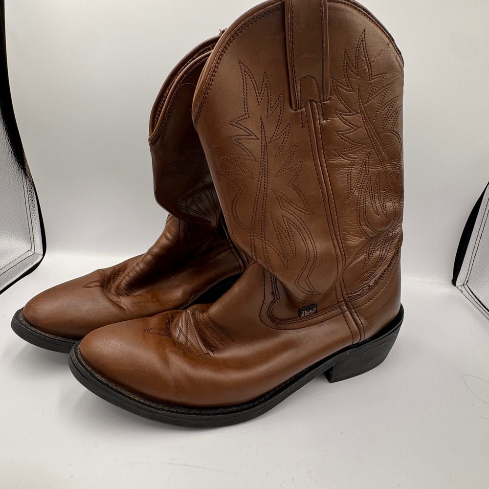 Justin Mens Western Cowboy Boots Brown Leather Upper Round Toe Stitched 11 D